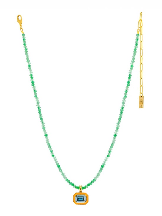 Tova Jewelry - Gold-Accented Green Beaded Necklace with Blue Stone Pendant